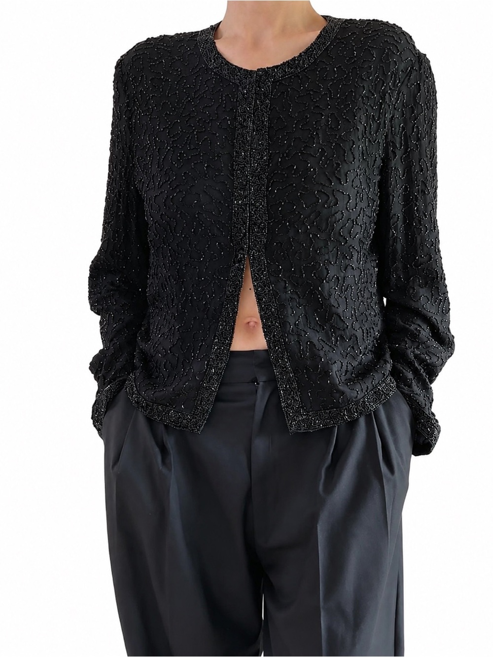 Vintage Laurence Kazar Black Beaded Silk Jacket Cardigan Blazer Evening Glam PS